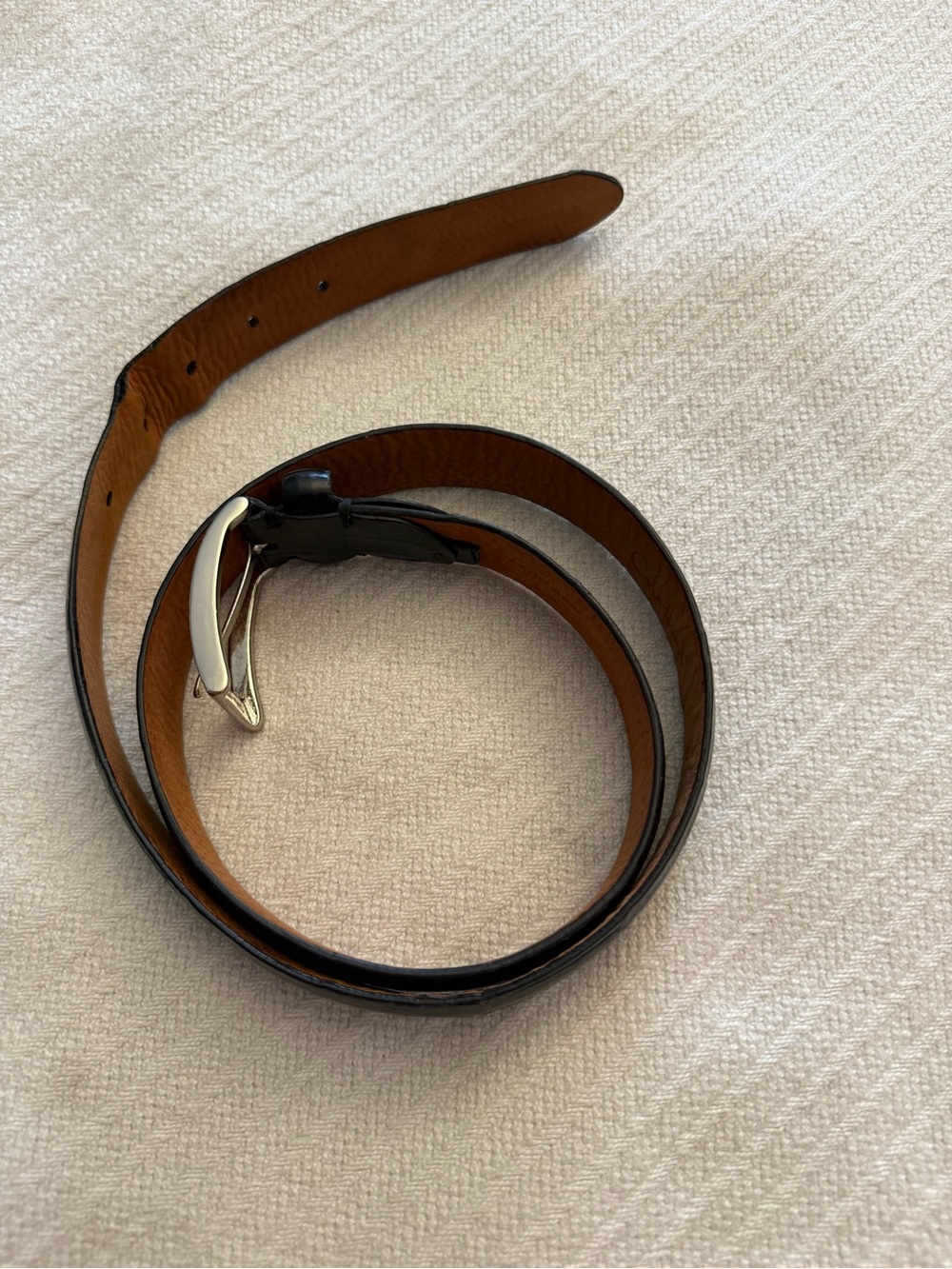 Cole Haan Black Leather Belt with Silver Buckle and Tan Interior